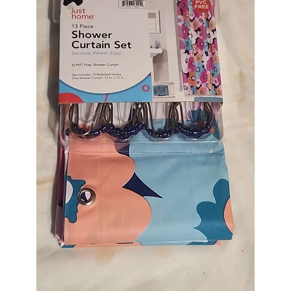 Just Home PVC Shower Curtain Set 13 pc Floral Multicolor Rollerball Hooks 72